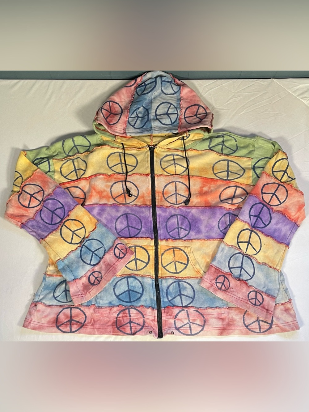 Vintage Y2K Patchwork Peace Sign Hoodie Festival Tie Dye Boho Earthy 100% Cotton